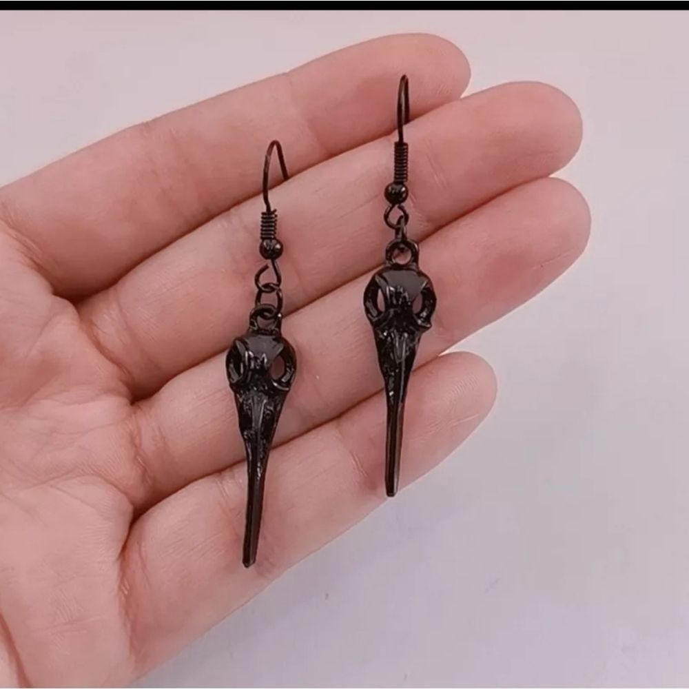 Black solid titanium Gothic raven skull earrings new unisex grunge